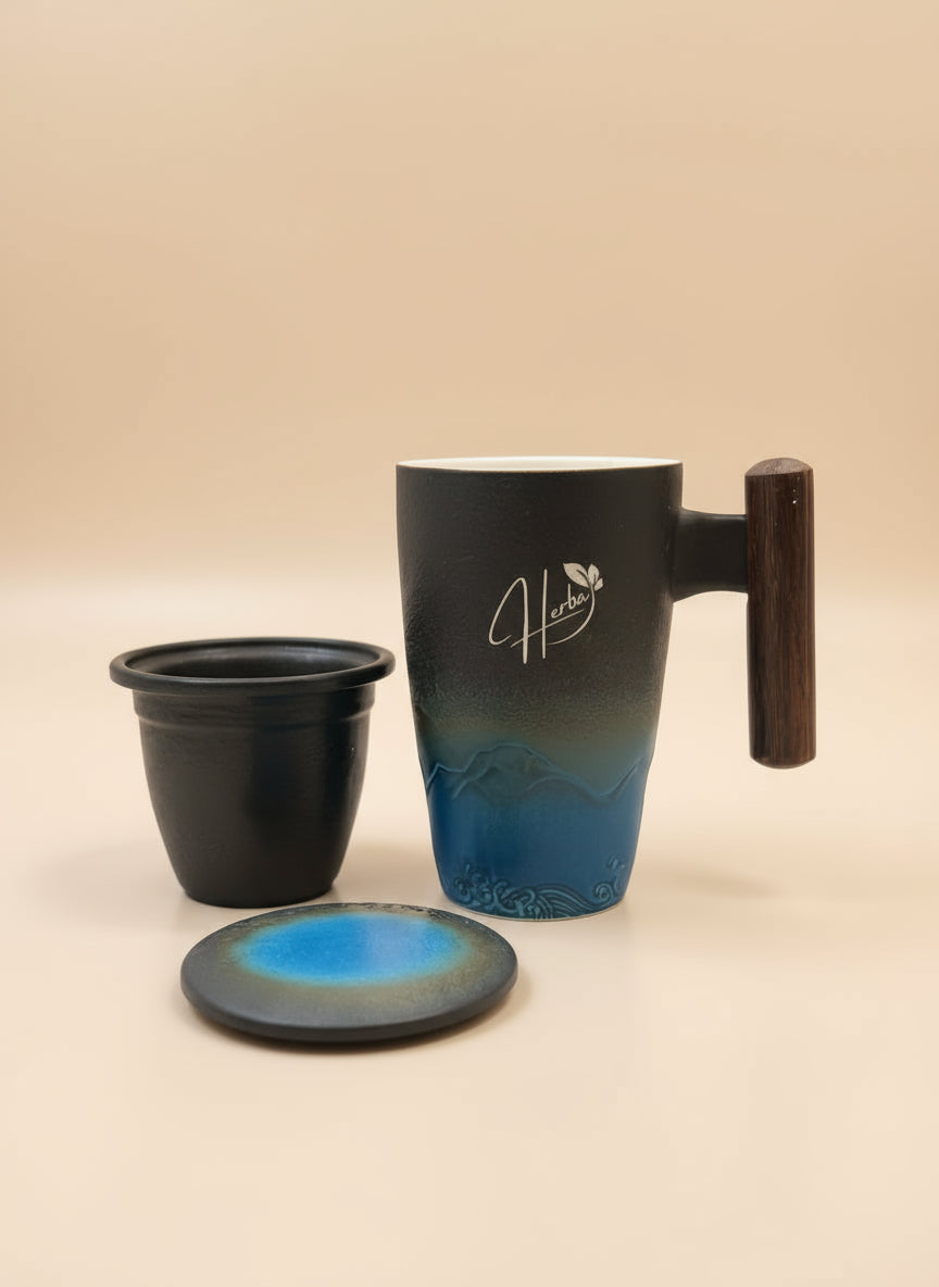 Handcrafted Ceramic Tea Infuser Mug with Wooden Handle - 350ml
