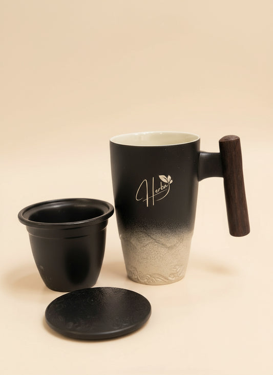 Handcrafted Ceramic Tea Infuser Mug with Wooden Handle - 350ml